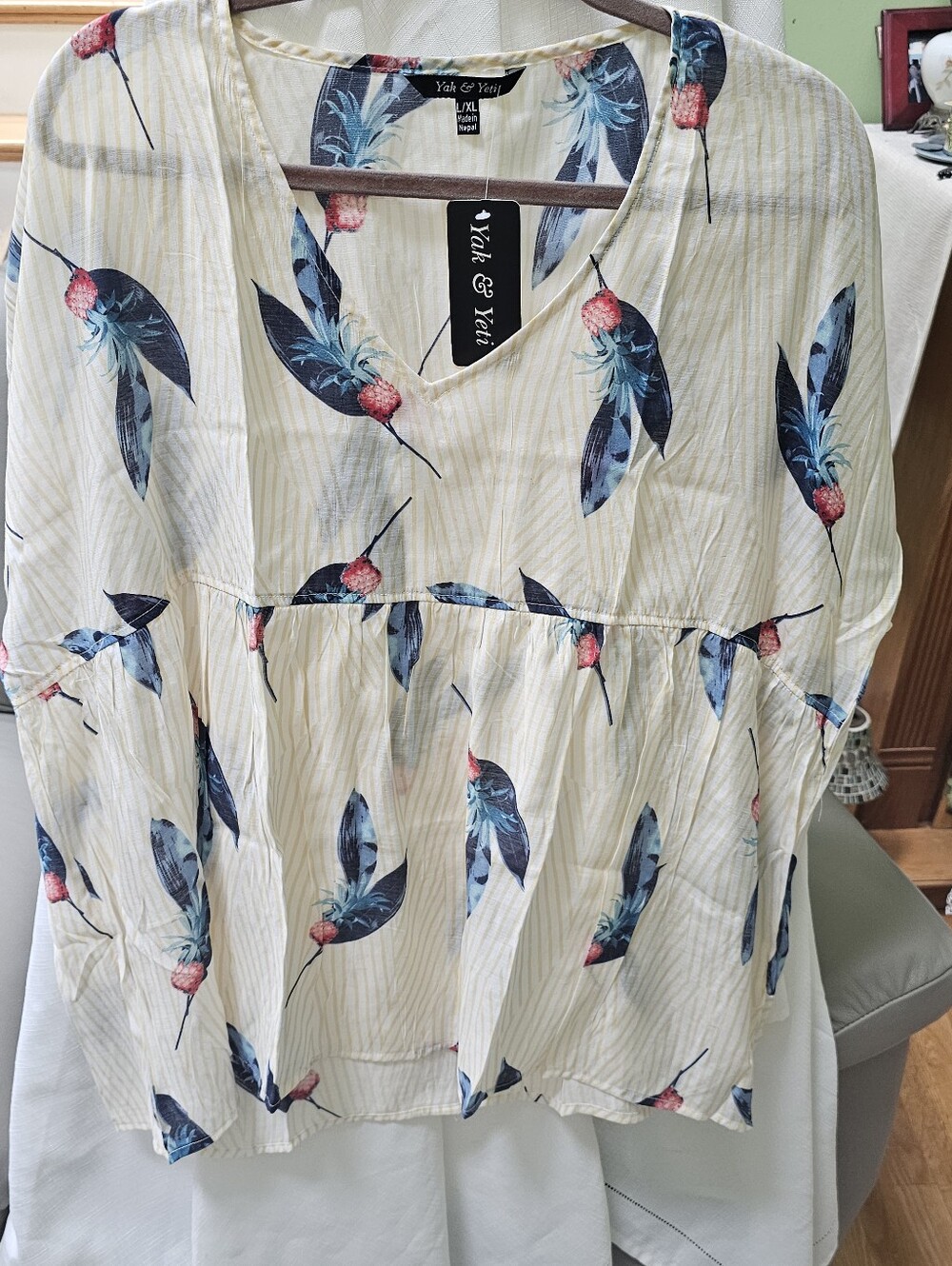 Yak & Yeti Cream Floral-Feather V-Neck Tunic Top